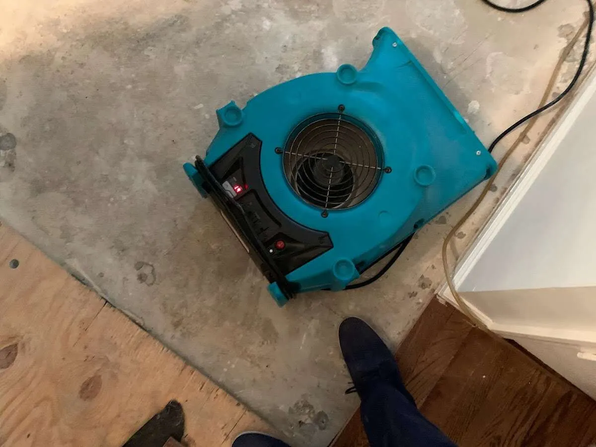 Air mover drying subfloor during Commercial Water Damage Restoration in Farmington
